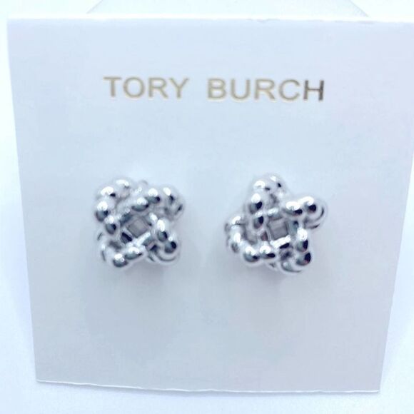 NWOT Tory Burch Silver Logo knot Stud Earrings - Picture 4 of 8